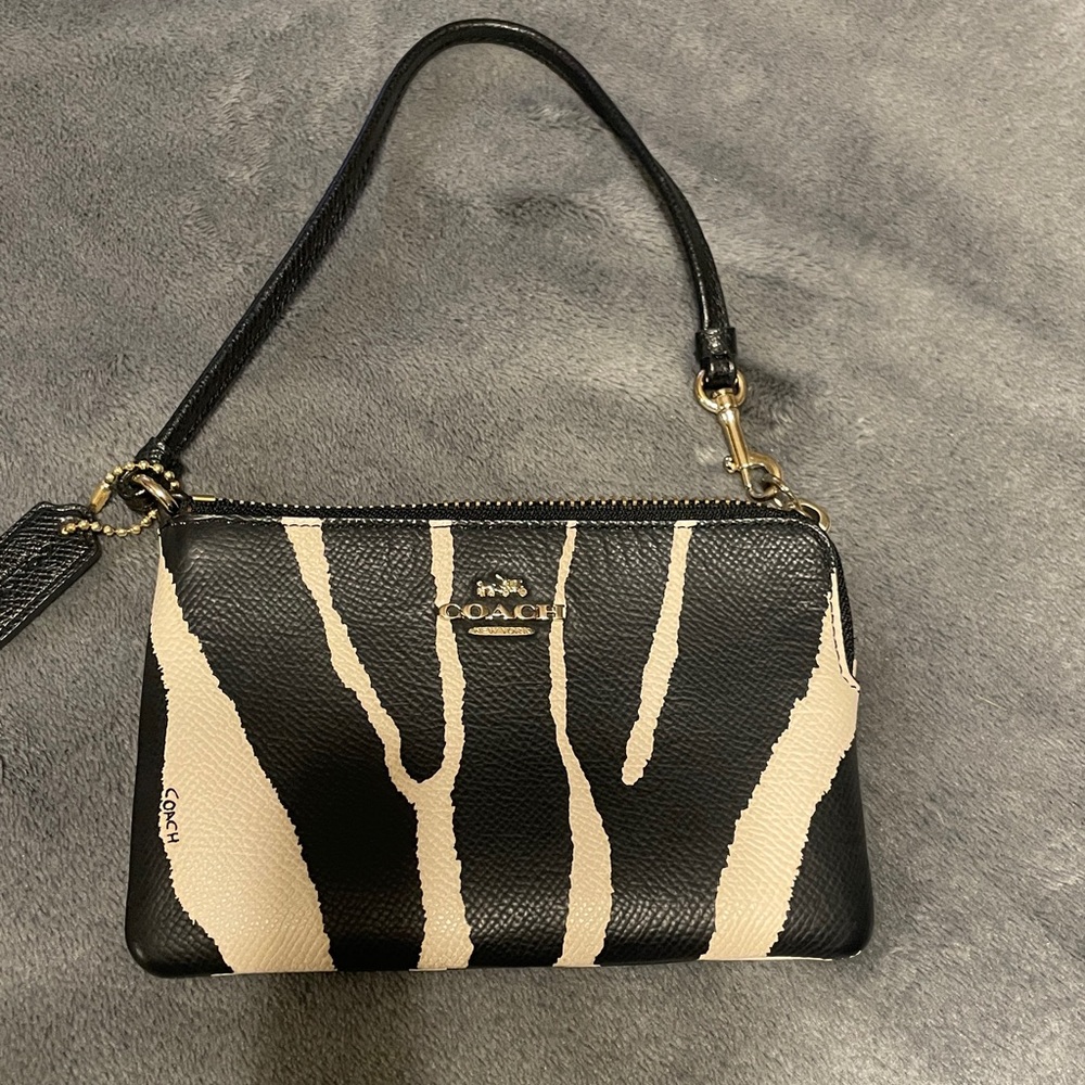 Coach Zebra Black and White Crossgrain Leather Corner Zip Wristlet